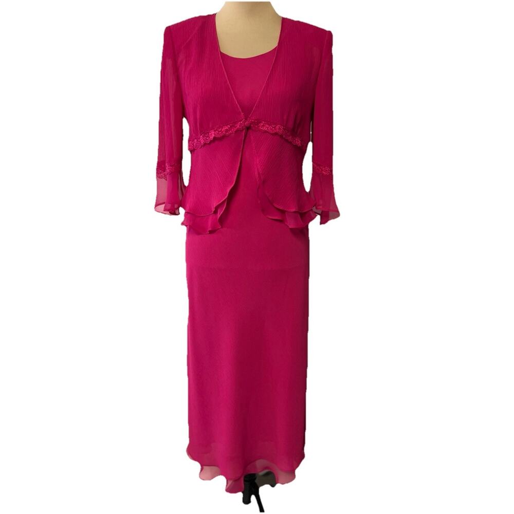 Vintage 1990s Bright Pink Mother Of The Bride Dress W/ Jacket 6P Ruffle Trim‎